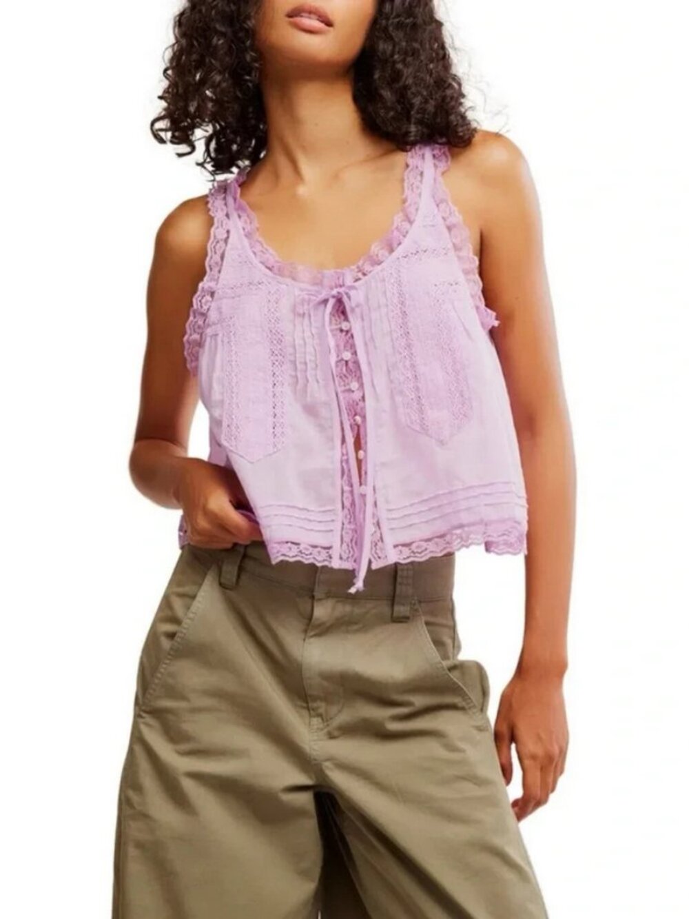 Free People Evermore Tank Lace Sleeveless Top Scoop Neck Ruffle Tie M